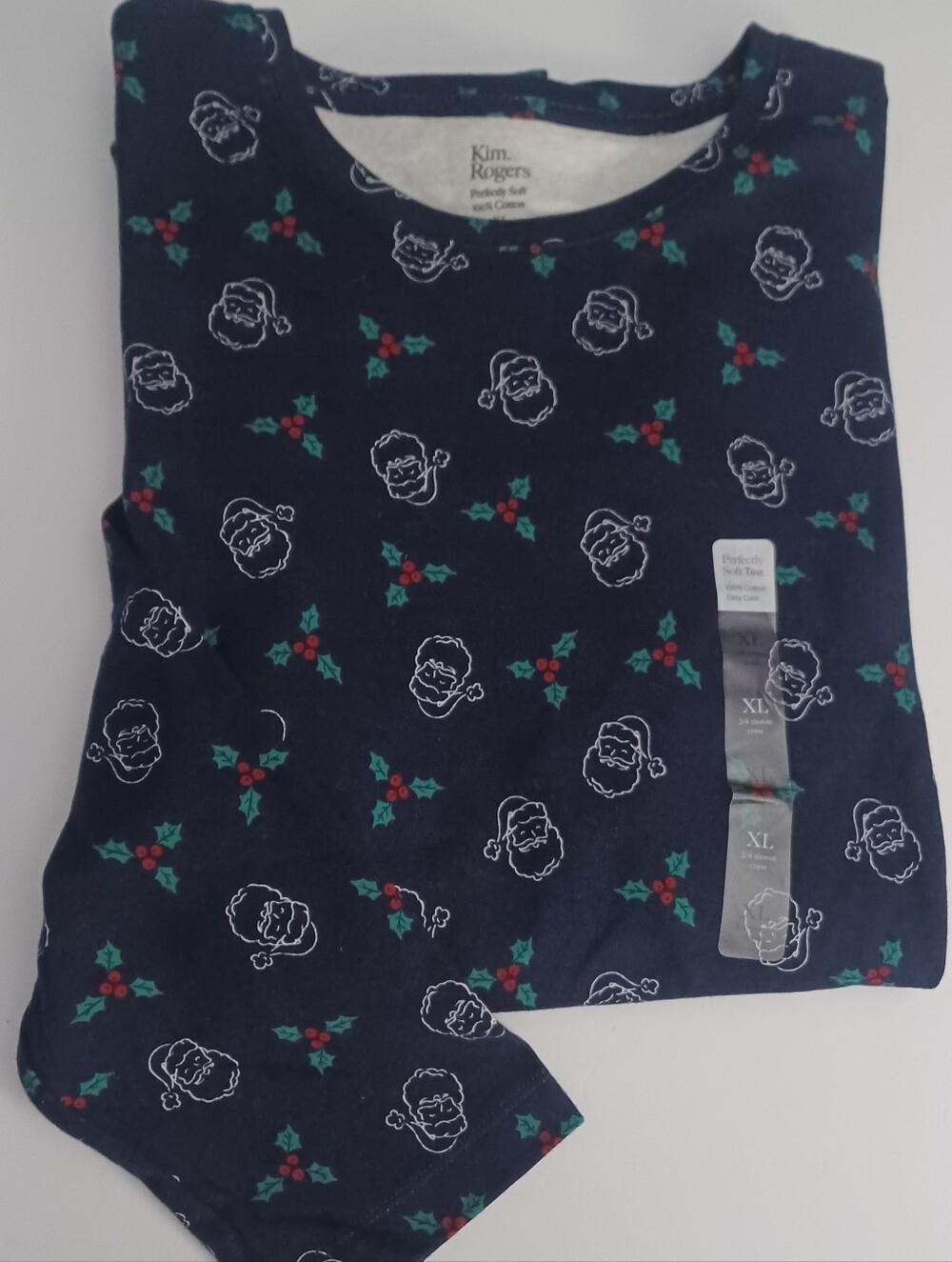 Kim Rogers Navy Santa Print Top Sz XL